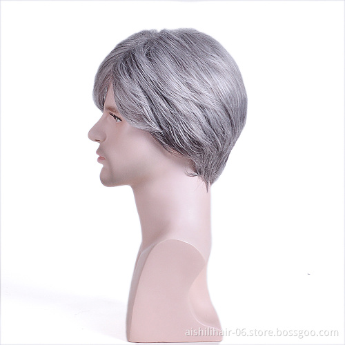 Wholesale Synthetic Short Mixed Dark Gray And Gray Silk Straight Hair Wigs For Men